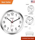 Silent 12 Inch Wall Clock - Silver/Chrome - Easy to Read - Battery Operated
