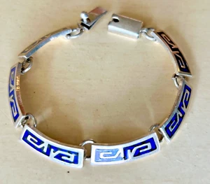 Sterling Silver Bracelet Blue Enamel Inlay Links 925 Mexico 7.5" Long 23.7 Grams - Picture 1 of 14