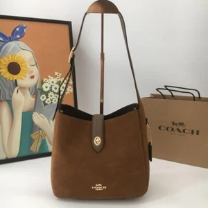 COACH CW004 Hadley Convertible Crossbody Bag Suede Brown Outlet - Picture 1 of 5