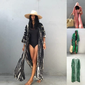 Mujeres Tie-Dye Estampado Con Capucha Kimono Cárdigan Manga Larga Playa Traje de Baño Cubrir - Imagen 1 de 11