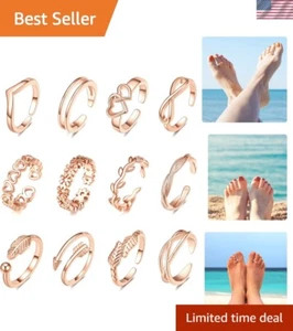 12PCS Adjustable 14K Gold Plated Toe Rings Set for Stylish Women - Beach Jewelry - Picture 1 of 9