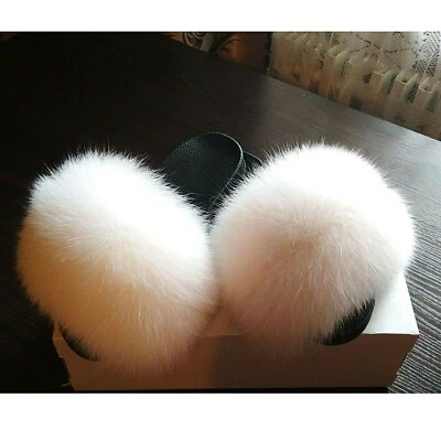 Women Real FOX Fur Slides Fluffy Slippers Women Girl Beach Furry Sandals Leather - Image 1 of 4