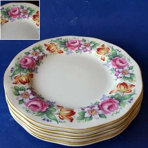 6 Wedgwood & Co England Swansea (Gold Trim) 7" Salad Plates. Pink Roses. Flowers - Picture 1 of 11