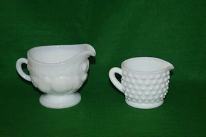 2 SMALL VINTAGE MILK GLASS CREAMERS - 1 HOBNAIL & 1 FRUIT DESIGN - Picture 1 of 4