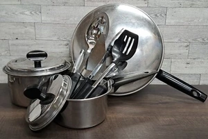 VTG EKCO 3 PLY STAINLESS 1 QT 2 QT SAUCE PANS 10IN FRY PAN LIDS, UTENSILS SPOON - Picture 1 of 24