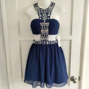 Steppin' Out NWT Cut-out Embellished Blue Mini Party Prom Dress Size 3/4 - Picture 1 of 14