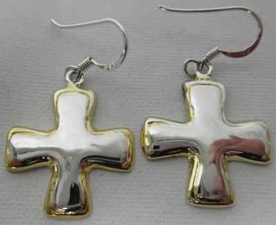 925 Sterling w/ Gold Plated or Brass Edge Christian Cross Dangle Earrings 4.18g - Image 1 of 4