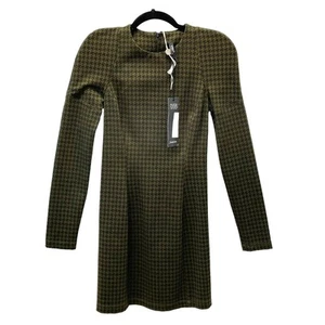 Plein Sud Green and Black Houndstooth Long Sleeve Dress Hidden Zipper S 8 NWT - Picture 1 of 11