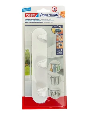 Tesa Powerstrips Hakenleiste mit 3 Haken, weiß, max. 3 Kg. belastbar, Klebehaken - Bild 1 von 3