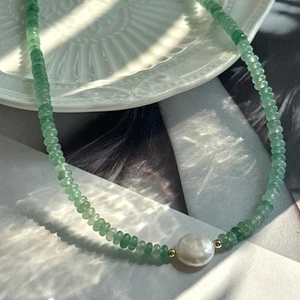Natürlicher grüner Aventurin & Perle glatt Rondell Edelstein Perlen Halskette... - Bild 1 von 15