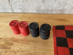 Set of 24 Checkers Vintage Large Plastic Red and Black Pieces Hong Kong - Picture 1 of 9