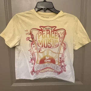 Camiseta Woodstock Mujer Pequeña Amarilla 3 Días de Paz y Música 1959 Cortada - Imagen 1 de 6