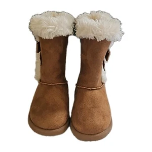 Falls Creek Girls Winter Warm Casual Boots Faux Fur Suede Bow Tan Size 9 - Picture 1 of 8