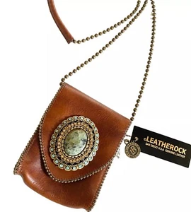 Leatherock Semi Precious Stone Leather Crossbody Swarovski Elements Brown HE31 - Picture 1 of 17