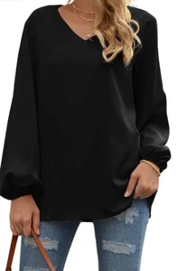 WANGZHI Women's Balloon Sleeve V-Neck Blouse Top Black Size 2XL - Picture 1 of 6