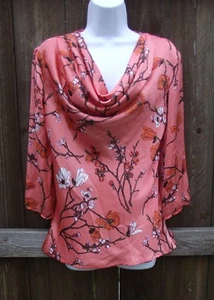 ELEMENTZ PEACH MULTI FLORAL DRAPE CASUAL POLYESTER 3/4 SLEEVE BLOUSE TOP S NEW - Picture 1 of 4