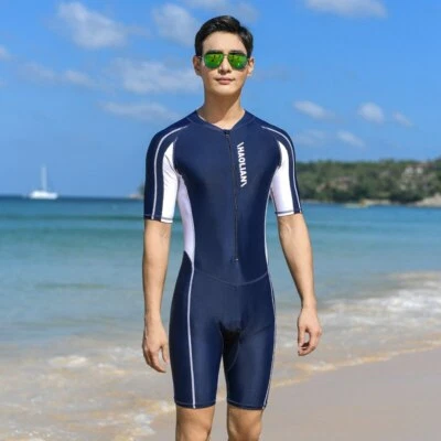 Men Plus Short Sleeve One Piece Swimsuit Rash Guard Zipper Surfing Dive Skin - Image 1 of 4