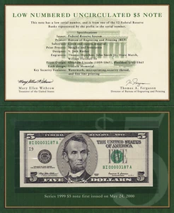 $5 1999 Federal Reserve Note | BI00003187A | Low Numbered | Fr. 1987-I - Picture 1 of 5