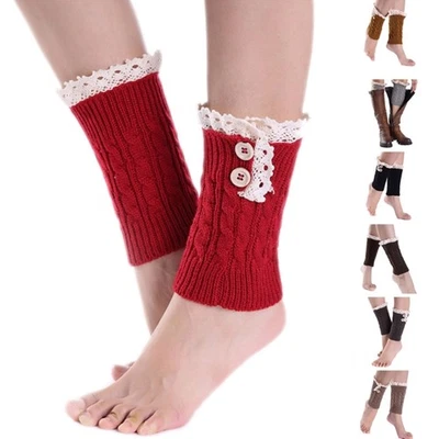 Women Cable Knitted Boot Cuffs Lace Trim Double Button Short Socks Leg Warmers - image 1 of 4
