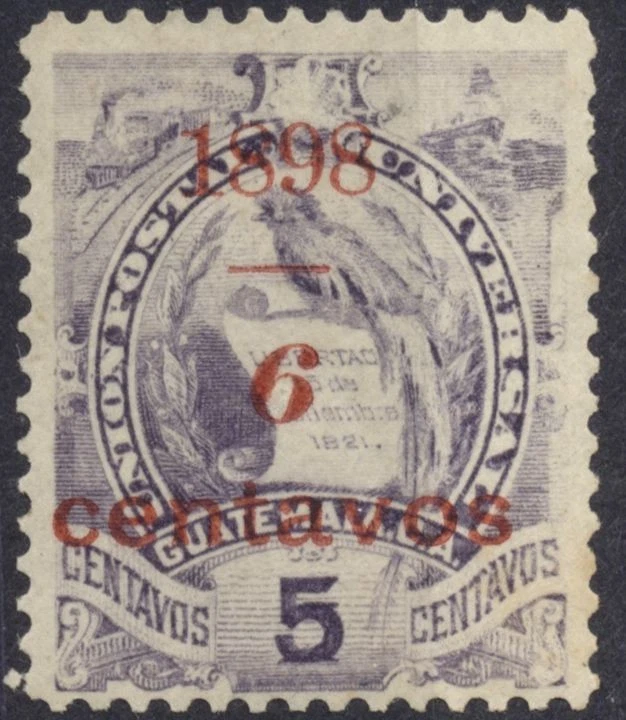 Guatemala Scott #77 Rojo Violeta Recargo Quetzal 6c en 5c Sello 1898 MH Foto 1 de 1