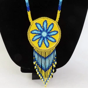 Huichol Beaded Pouch Necklace Yellow Blue Flower Medallion Boho Ethnic Folk Art - Picture 1 of 19