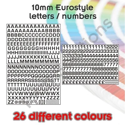 10mm Self Adhesive Vinyl Letters / Numbers - Eurostyle Font - Various Colours