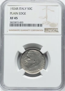 ITALY KINGDOM 1924-R 50 CENTESIMI COIN, NGC CERTIFIED XF40, KEY DATE, PLAIN EDGE - Picture 1 of 2