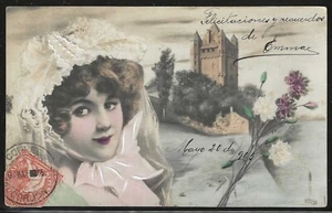 Uruguay, Scott #157 Used on 1905 Hand Colored Postcard of a Woman and Castle - Picture 1 of 2