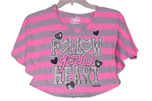 Justice Follow Your Heart Heart Shirt Top Size 6 Shiny Pink Gray Striped Hooded - Picture 1 of 2