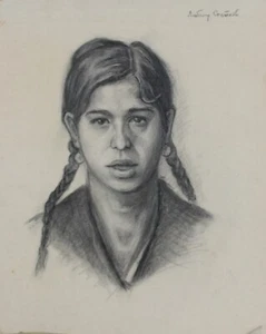Lyubomir Staykov, Antique pencil painting girl portrait signed - Picture 1 of 8