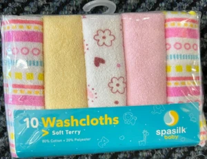 Spasilk Baby weicher Frottee Waschlappen Streifen Tupfen 10 Stück - Bild 1 von 2