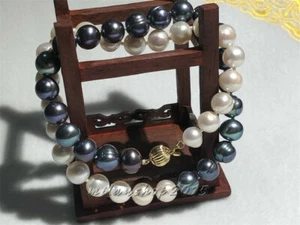 18" 11-10mm AAA tahitian Peacock blue white baroque pearl necklace 14k gold - Picture 1 of 5