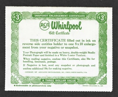 Certificado de regalo vintage de $3 de Whirlpool - RCA con fecha 1965 Foto 1 de 4