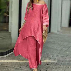 Conjunto informal grande para mujer manga 3/4 moda dobladillo irregular traje pierna ancha largo - Imagen 1 de 28
