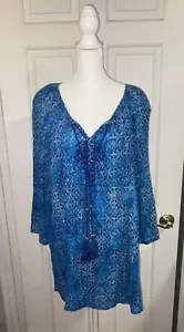 Catherines Sz 3X 52 Chest Tunic Top 3/4 Bell Sleeve Lightweight Blue Tassels - Picture 1 of 19