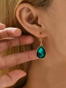 Water Drop Emerald Green Drop Earrings Gold Filled-Teardrop CZ Earrings-Gift - Picture 1 of 4