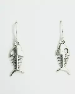 Fish Bone Charm Earrings .925 sterling silver Hook Pewter Charms 1" Fishing Gift - Picture 1 of 3