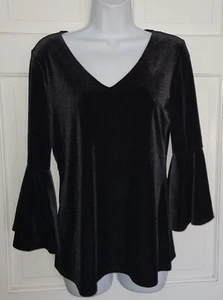 MSK black Stretch Velvet Pullover V-neck Bell Sleeve Top S - Picture 1 of 6