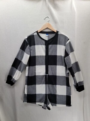 NWT OLD NAVY Fleece Henley Plaid Pajama Romper Black/Gray/White Size-M - Image 1 of 4