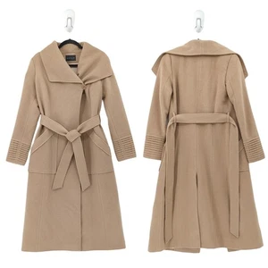 Sentaler Women XS Baby Alpaca Long Wrap Coat Camel Brown Wide Collar NEW FLAW - Picture 1 of 12