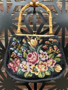 LADIES VINTAGE BLACK NEEDLEPOINT FLORAL PRINT HANDBAG - Picture 1 of 8