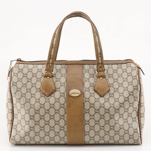 Borsa a mano vintage autentica grande Gucci GG Plus Boston rivestita in tela marrone