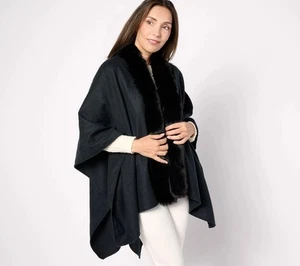Jingle Belles by Kim Gravel High Low Fur Trim Holiday Ruana Sz ONE SIZE BLACK - Picture 1 of 1