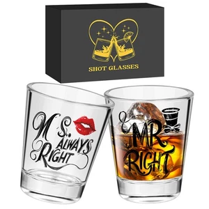 Set of 2 Shot Cup with Gift Box 60ml Glass Shot Glasses Mr & Ms Right Shot Glass - Picture 1 of 12
