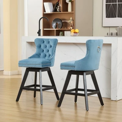 2Set 25.9" H Swivel Velvet Barstools Button Tufted Kitchen Bar Chairs Light Blue - Image 1 of 4