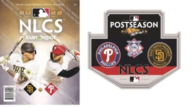 2022 NLCS GAME PROGRAM & PIN PADRES PHILADELPHIA PHILLIES NATIONAL LEAGUE CHAMPS - Image 1 of 3