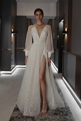 Блестящие пухлые рукава свадебное платье, блестящий свадебный халат с разрезом, заказное платье - Изображение 1 из 4