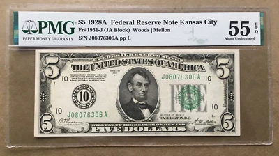 1928A  $5 FRN  KANSAS CITY   FR 1951-J  PMG 55 EPQ   Ser# J 08076306 A - Image 1 of 3