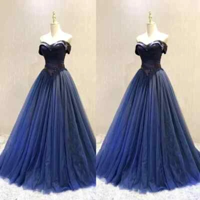 Navy Blue Wedding Dresses Off Shoulder Beading Tulle Vintage Bridal Gowns - Image 1 of 4
