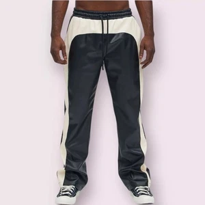 Men's Real Cow Soft Leather Black And White Jogger Pant Casual And Streetwear - Picture 1 of 4